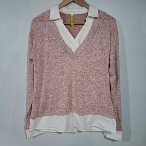 Betabrand UltraEase Dual Shirt Pink Layering S Soft Comfy V-Neck Preppy Classic